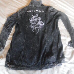 Give EM Hell Embroidered Snake Biker Button Front Love sick Sweat Shirt SZ L